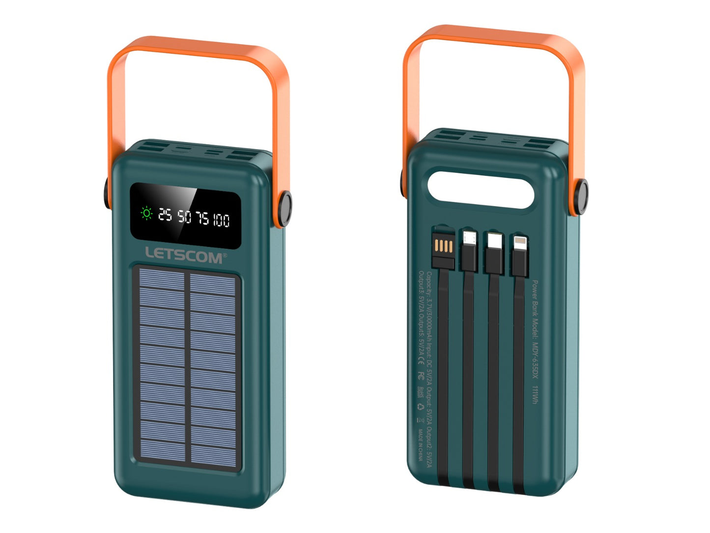 Letscom 30kmAh Solar Power Bank with Integrated Cables & Handle